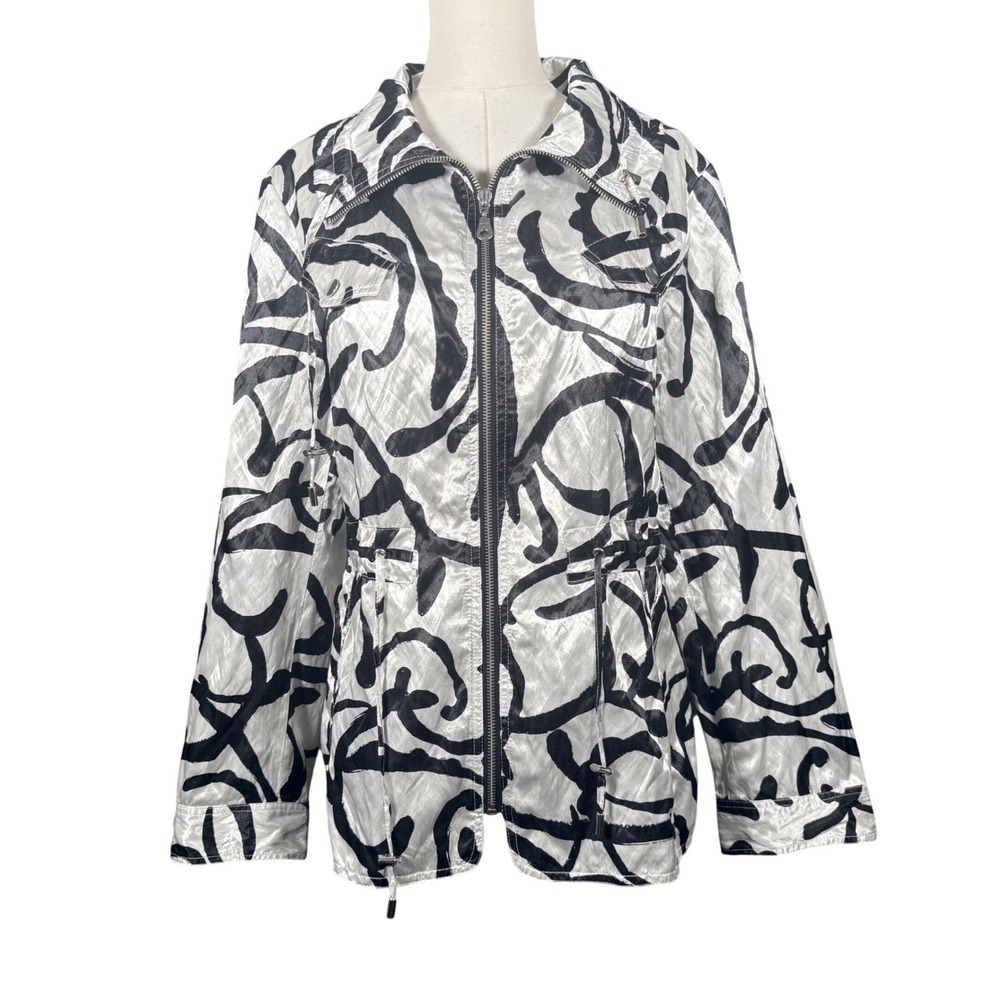 Chicos Abstract Swirl Metallic Zip Up Lightweight Jacket Black White Small